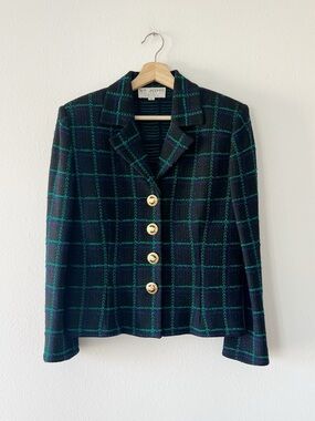 ST. JOHN COLLECTION | Knit Plaid Check Blazer Brass Buttons | 8